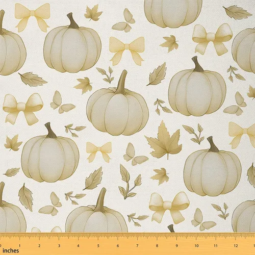 Vista 18 de The Yard - Tela con texto en inglés «Hello Fall», 36 pulgadas de largo x 59 pulgadas de ancho, hojas de árbol de calabaza otoñal, tela de tapicería