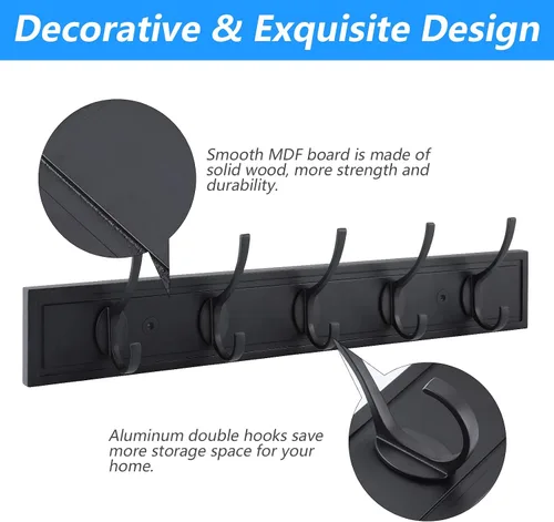 Vista 2 de HOME MASTER HARDWARE Perchero de pared negro, ganchos de pared de MDF para colgar abrigos, estante decorativo para sombreros de 27" para pared con 5