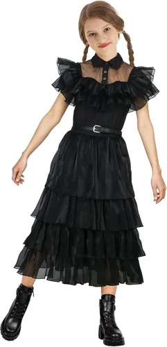 Vista 3 de MYYBX Wednesday Addams - Vestido de baile de cuervo negro para mujer y niña, vestido gótico de encaje de tul para fiesta de Halloween