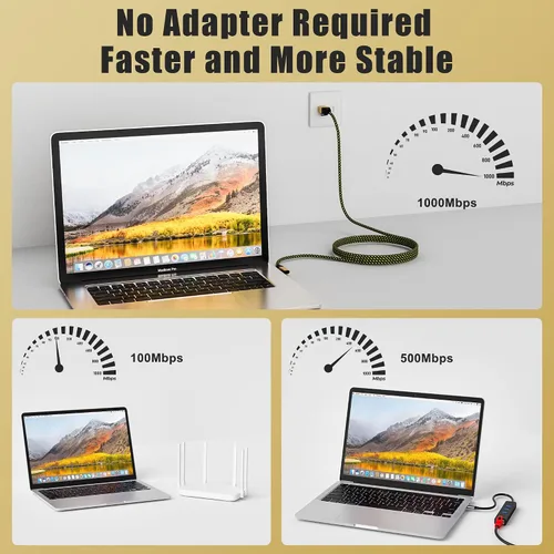 Vista 3 de Cable USB C a Ethernet de 1 pie, cable tipo C a RJ45 de 90 grados, cable de Internet de 1 Gbps, cable trenzado de nailon delgado, conectado
