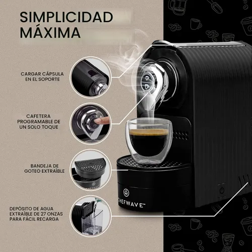 Vista 3 de ChefWave Máquina de café expreso y cafetera (negro) – Compatible con cápsulas Nespresso, programable, de un solo toque, bomba italiana de alta