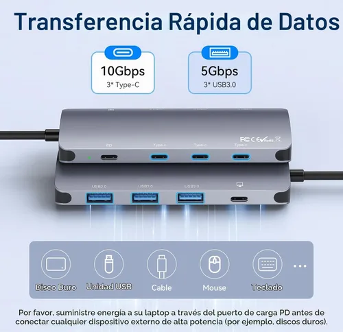 Vista 4 de Hub USB C de 10 Gbps, divisor USB C con salida de video 4K a 60 Hz, carga PD de 100 W, transferencia de datos, extensor adaptador USB 4 multipuerto