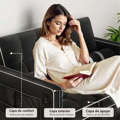 Vista 8 de Pipishell Sofá cama 3 en 1, sofá cama extraíble para sala de estar con puertos USB y bolsillos laterales, respaldo ajustable, sofá biplaza