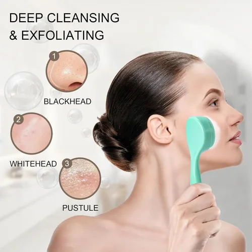 Vista 4 de Paquete de 2 cepillos exfoliantes de silicona para la cara, cepillo manual de limpieza facial manual, limpiador de puntos negros, cerdas suaves