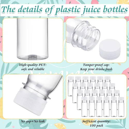 Vista 3 de FoldTier 100 botellas de plástico para chupitos de jugo con tapas, botellas pequeñas de chupitos de jengibre transparentes para líquidos, tarros