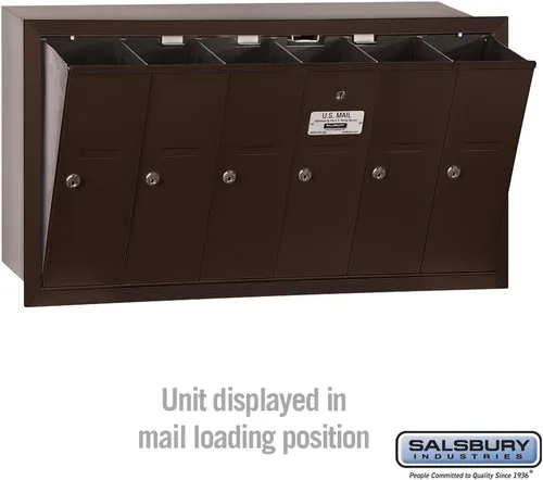 Vista 3 de Salsbury Industries 3506ZRU Buzón vertical empotrado con acceso USPS y 6 puertas, bronce