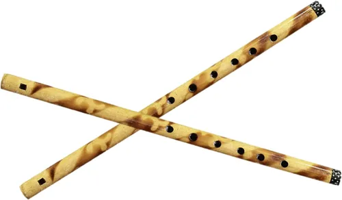 Vista 3 de Flauta de bambú de madera tradicional decorativa hecha a mano Basuri, instrumento musical indio para regalar y decorar (marrón, juego de 2)