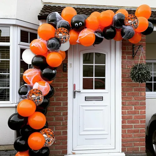 Vista 7 de Globos de látex para fiesta de Halloween de 12 pulgadas con confeti para celebración, fiesta, bar, aniversario, decoración, color negro, naranja