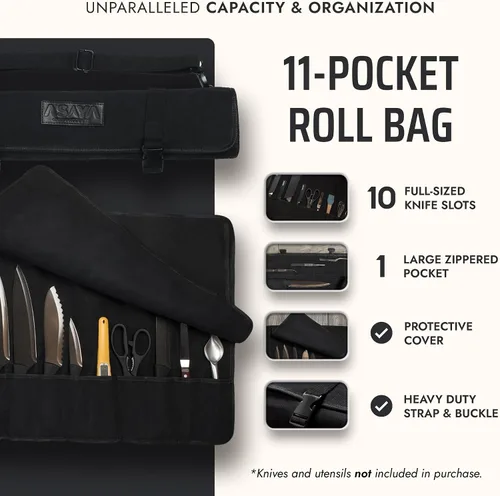 Vista 2 de Asaya - Bolsa enrollable de lona para cuchillos de chef - 10 ranuras para cuchillos y un gran bolsillo con cremallera - Funda duradera de lona