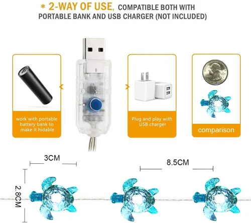 Vista 6 de WSgift Guirnalda de luces decorativas de tortuga marina, 18.7 pies, 40 luces LED USB enchufables con cable de cobre plateado, luces de hadas