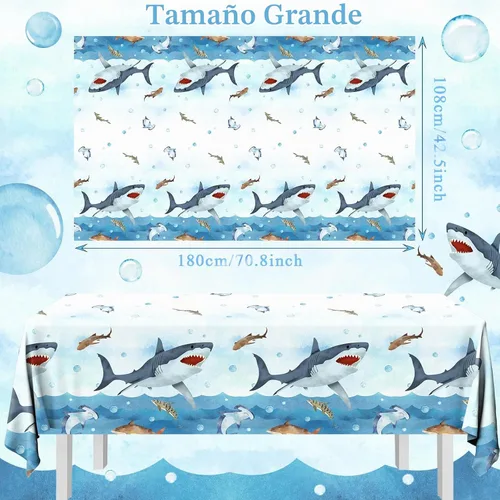 Vista 6 de CMUSKO Mantel de tiburón, 3 piezas de suministros de fiesta de cumpleaños de tiburón, cubierta de mesa de plástico desechable, mantel de decoración