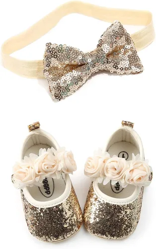 Vista 4 de Mary Jane - Zapatos planos con diadema con lazo, vestido de princesa floral para bebés, zapatos de cuna con suela suave, antideslizantes para niños
