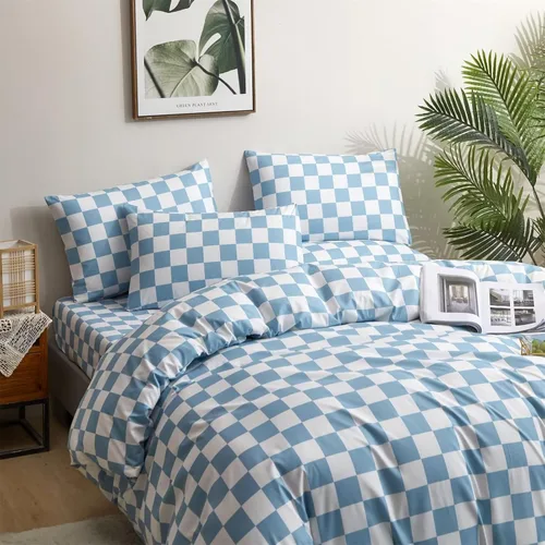 Vista 3 de Houseri Juego de funda de edredón de tamaño individual a cuadros azul claro y blanco para niños, juego de cama azul bebé para niños y niñas, juego