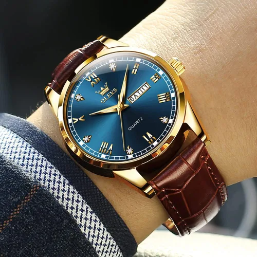 Vista 3 de OLEVS Tienda Watches, reloj de cuero marrón para hombre, reloj de fecha para hombre, reloj luminoso para hombre, reloj de vestir para hombre, reloj