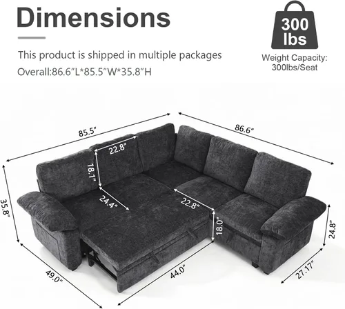 Vista 2 de Sofá cama modular modular con cama extraíble, sofá modular de 5 asientos en forma de L con almacenamiento, sofá nube, sofás seccionales convertibles