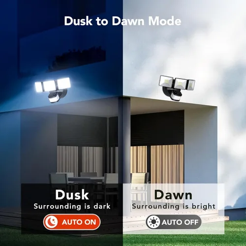 Vista 2 de OREiN Luz de inundación con sensor de movimiento al aire libre, luz de seguridad LED de 26W 3500LM, detección de 240° 40 pies, modos de anochecer a
