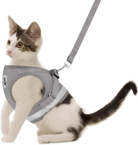Vista 12 de Arneses para gatos y cachorros con conjunto de correas, arnés para gatos a prueba de escape, chaleco de malla suave reflectante ajustable apto