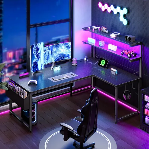 Vista 9 de DurayLoly Escritorio en forma de L para juegos con luz LED y toma de corriente, escritorio reversible en forma de L para computadora de 43.3