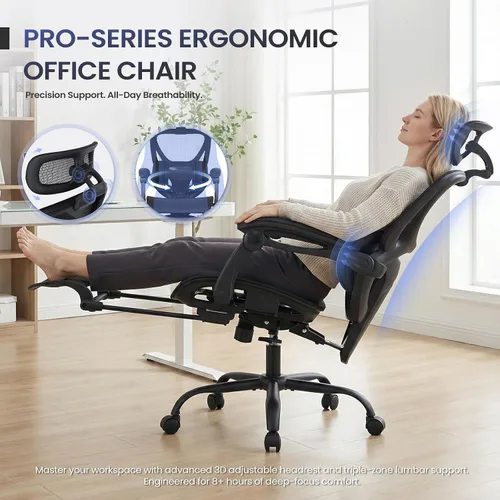 Vista 7 de MALOL Silla de oficina ergonómica de malla con reposapiés, silla ejecutiva de escritorio de computadora con respaldo alto con reposacabezas