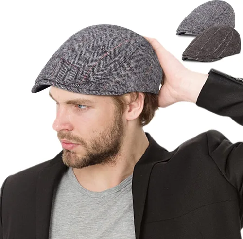 Vista 2 de Paquete de 2 sombreros de periódico para hombre, diseño clásico de espiga de tweed, mezcla de lana, gorra plana Ivy Cabbie