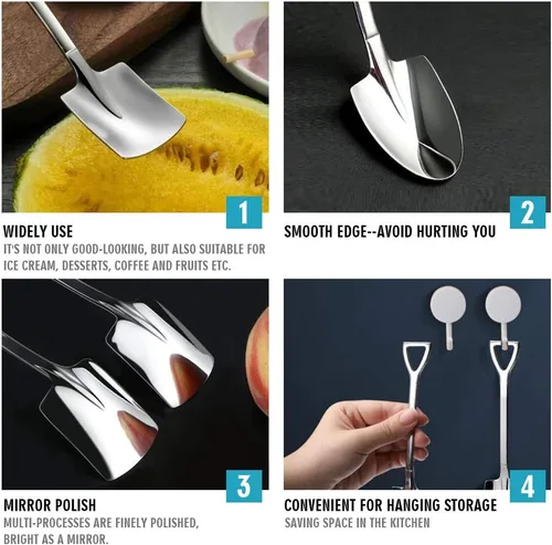 Vista 4 de Juego de cucharas de pala – 2 cucharas de postre de acero inoxidable para helado, café, té