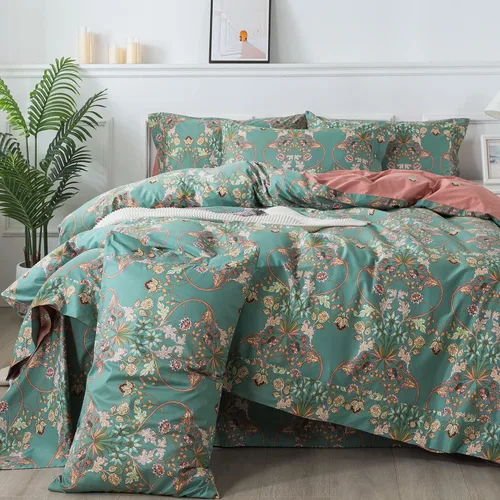 Vista 20 de FADFAY Juego de funda de edredón floral 100% algodón a rayas verdes y beige, ropa de cama de flores desgastadas con diseño de ramas botánicas