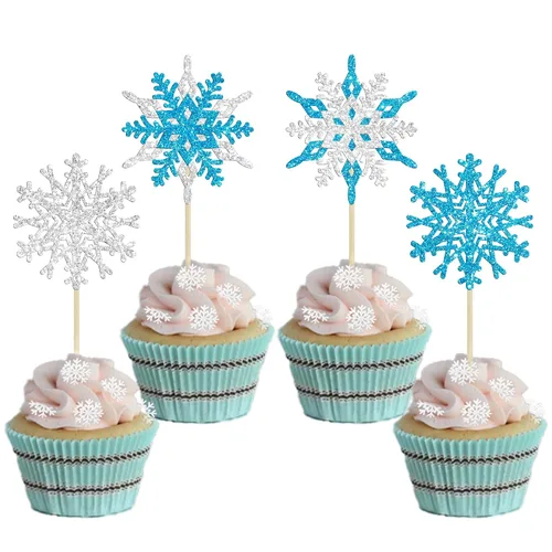 Vista 24 de Gyufise 24 piezas de copos de nieve Oh Baby Cupcake Toppers Glitter Winter Frozen Baby Shower Cupcake Picks para invierno, país de las maravillas