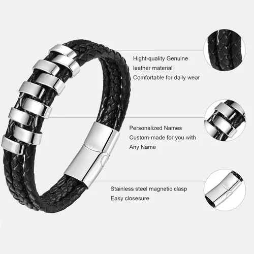 Vista 5 de XUANPAI - Pulseras personalizadas para hombre, pulseras de acero inoxidable para hombre, pulseras de cuero trenzado con 1-9 nombres grabados
