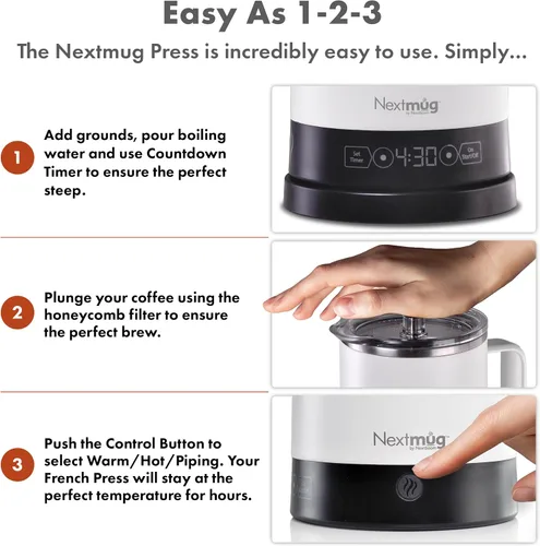 Vista 5 de Nextmug Press - Prensa francesa con temperatura controlada y autocalentamiento (blanco - 40 oz.)