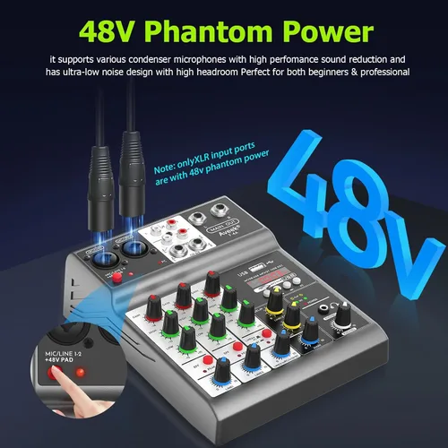 Vista 7 de Mezclador de audio profesional Aveek, consola de mezcla de placa de sonido con 4 canales digitales USB Bluetooth, efecto de eco y retardo, entrada