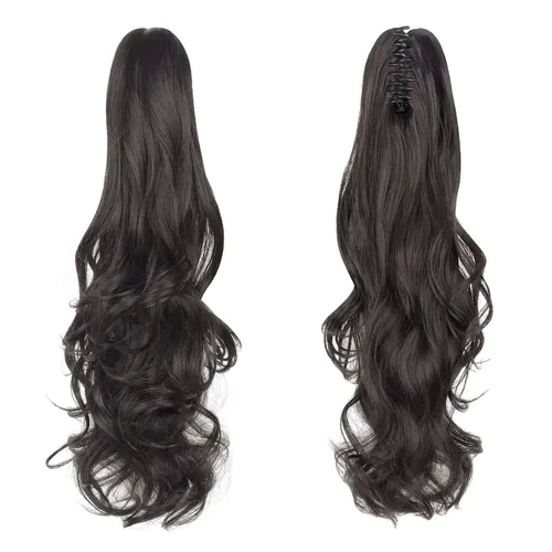 Vista 24 de Extensión de Cola de Caballo, Extensión de Cabello con Garra Larga de 20", Piezas de Cabello Sintético Ondulado Liso con Clip en Peluca de Cola
