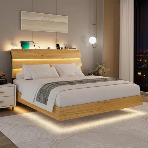 Vista 13 de Feonase Base de cama flotante individual con luces LED y estación de carga, marco de cama de madera tamaño individual con cabecera