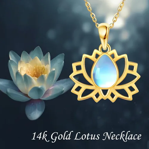 Vista 6 de Collar con colgante de loto de oro amarillo de 14 quilates, collar con colgante de loto de piedra lunar de oro sólido, joyería de loto para mujer