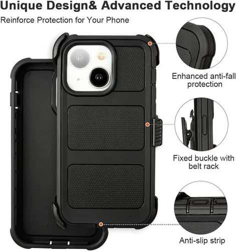 Vista 3 de para Funda Defender iPhone 13 con Clip, para Funda Holster iPhone 13 con Soporte, para Funda Resistente iPhone 13 de Dos Capas de Protección, Negro