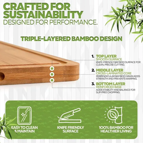Vista 3 de Juego de 3 tablas de cortar de madera, tablas de cortar de bambú no tóxicas para cocina con ranuras profundas para jugos, tablas de servir de madera