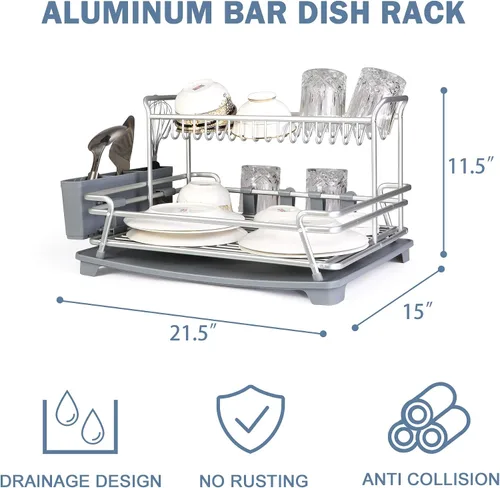 Vista 6 de Escurridor de platos con tabla de drenaje giratoria de 360° y boquilla de drenaje, escurridor de platos de aluminio inoxidable de 2 niveles