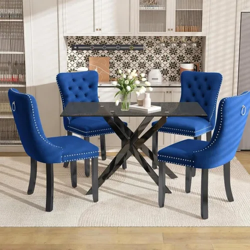 Vista 28 de Juego de mesa de comedor de 51 pulgadas de vidrio para 4, mesa de cocina rectangular de vidrio con 4 sillas tapizadas con acentos de terciopelo