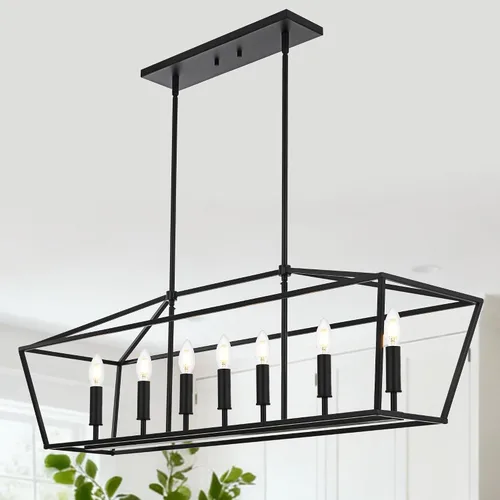 Vista 12 de Lámpara moderna de 5 luces para isla de cocina en acabado dorado, lámpara colgante industrial con marco de metal para comedor, vestíbulo, cafetería
