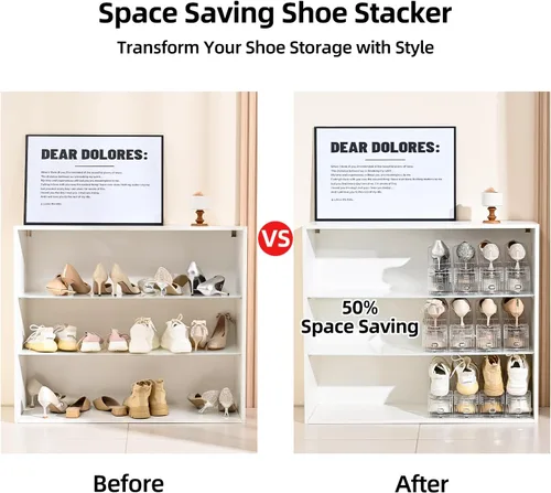 Vista 6 de Organizador de ranuras para zapatos, zapatero ajustable con tres niveles, apiladores de zapatos para un par de zapatos (transparente, paquete de 10)