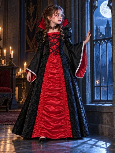 Vista 3 de SIZGAROOT Disfraz de vampiro para niñas, vestido gótico de reina Rojo