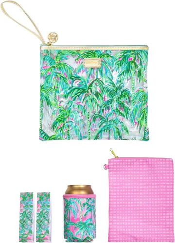 Vista 12 de Lilly Pulitzer Funda de vinilo resistente al agua para la playa, bolsa con cremallera incluye protector de bebidas, funda pequeña y clips para toalla
