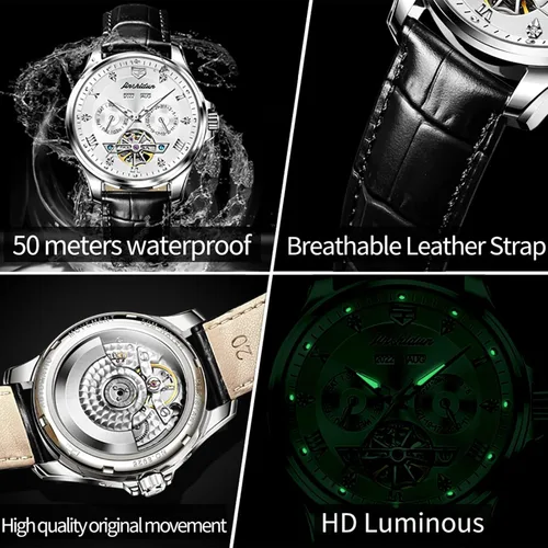 Vista 5 de OLEVS Relojes automáticos de cuero para hombre, esqueleto mecánico, Tourbillon, bisel de acero, reloj de pulsera para hombre, sin batería, correa