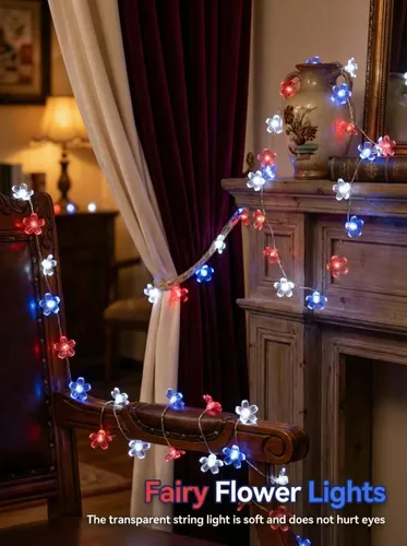 Vista 2 de Guirnalda de luces para interiores del 4 de julio, funciona con pilas, 30 luces LED de color rojo, azul, blanco, flor de cerezo, guirnalda de luces