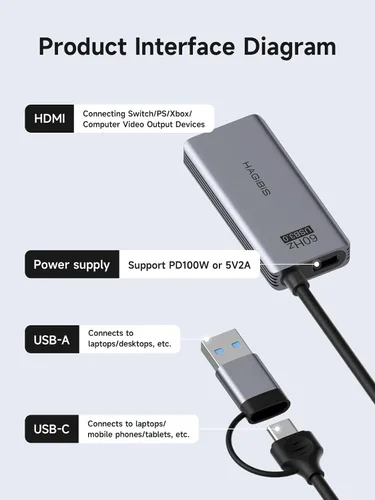 Vista 5 de Hagibis USB3.0 Video Capture Card with 100W PD HDMI to USB/USB C 1080P HD 60fps Live and Record Video Audio Game MS2130 for Quest 3 2 Pro VR Switch2