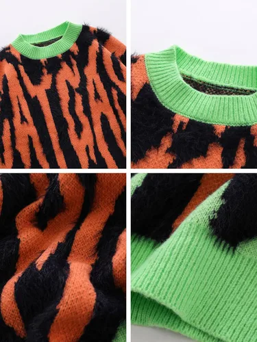 Vista 5 de Aelfric Eden Suéter de punto de cuello redondo con estampado de doble llama y bloques de color, casual, ajuste holgado, tops de verano