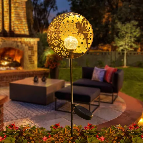 Vista 6 de Tryme Luces solares de jardín de hadas, estaca de globo de cristal con estrella de luna, luces decorativas impermeables para exteriores, patio