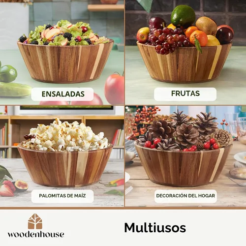 Vista 4 de Woodenhouse Tazón de ensalada de madera, tazón para ensalada, tazón de madera - 12" Diseño redondo, tazón de frutas hecho a mano, duradero