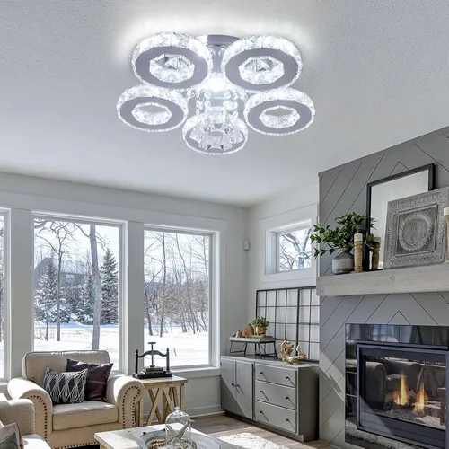 Vista 5 de Lámpara moderna de techo de cristal grande, lámpara de araña LED de cinco anillos, luz colgante para comedor, dormitorio, cocina