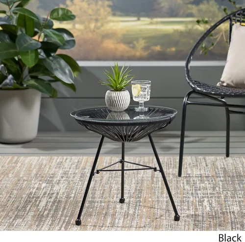 Vista 4 de Great Deal Furniture Christina - Mesa auxiliar moderna de ratán sintético para exteriores con parte superior de vidrio templado, color negro