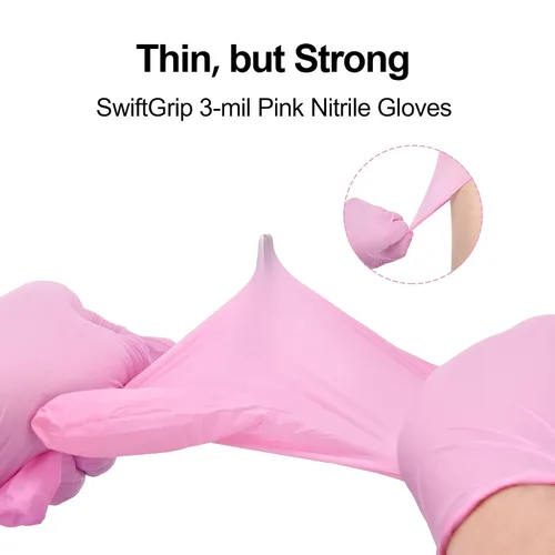 Vista 8 de SwiftGrip - Guantes de examen desechables rosados, 3 mil, talla XS, caja de 50 unidades, sin polvo, sin látex, guantes de grado médico para limpieza